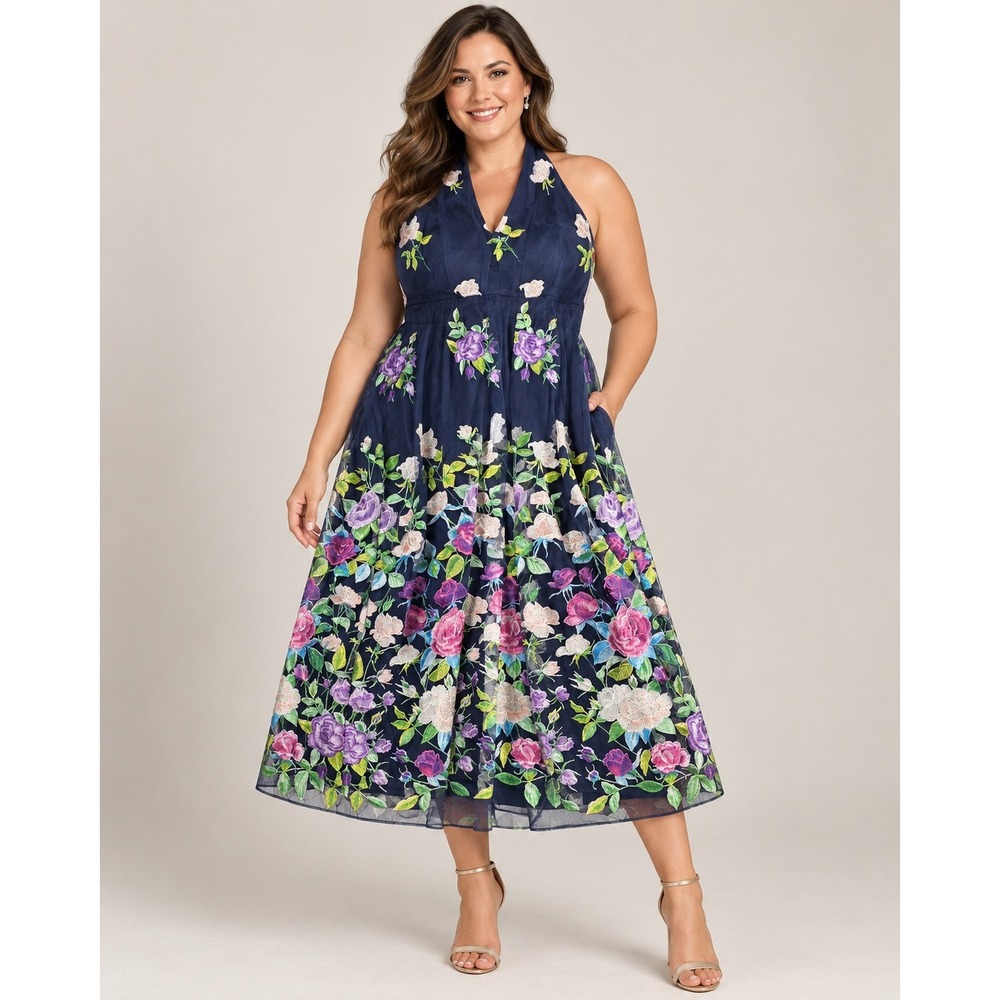 JS Collections Navy Floral Embroidered Halter Mesh Midi Dress Size 14 NWT